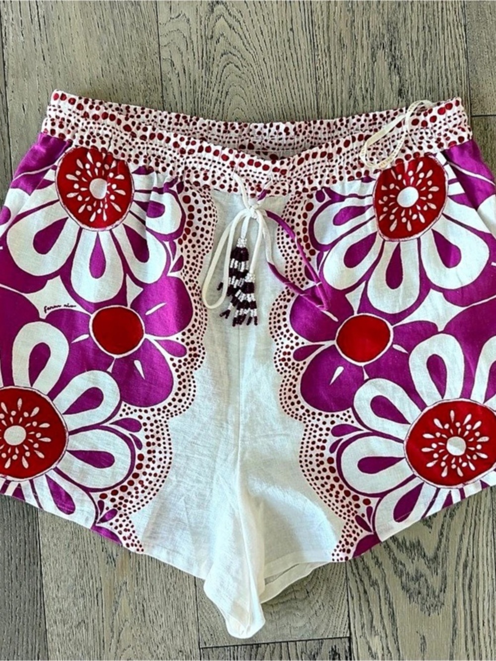 FARM Rio White Red Pink Floral Print Linen Blend Shorts Size L - Picture 1 of 6